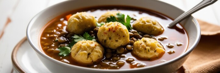 A steaming bowl of Jewish matzo ball soup with lentils and carrots in a flavorful broth, garnished with parsley