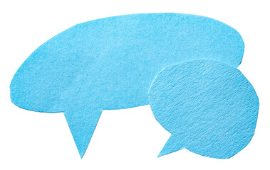 Blue blank cut out cardboard paper speech bubbles with copy space for text on transparent...