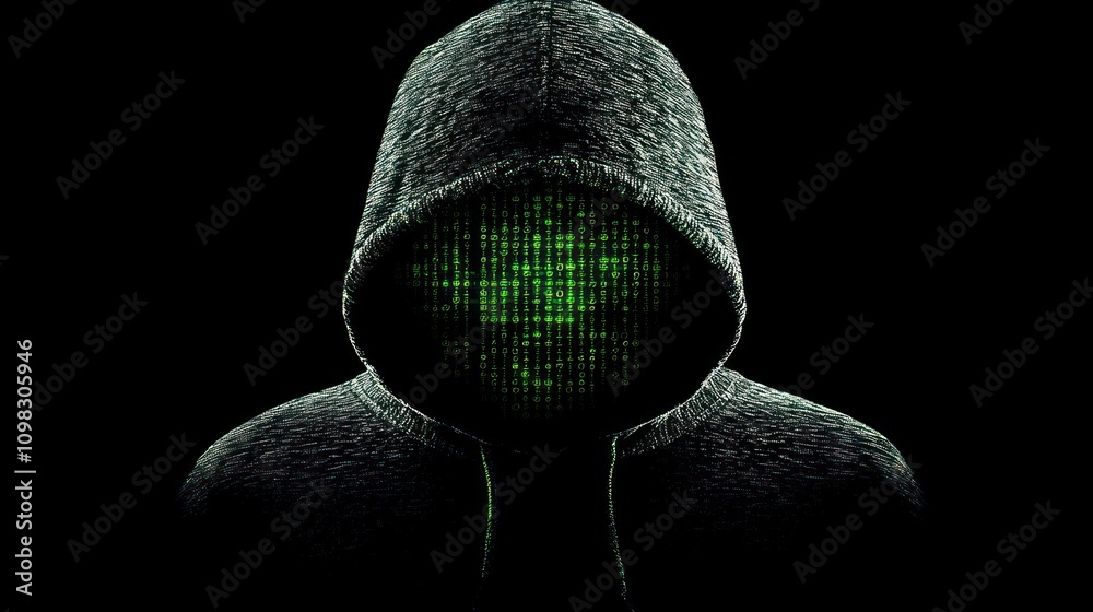 Poster a mysterious figure in a hood with a digital face made of green binary code.