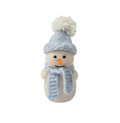 Snowman with a blue hat and scarf isolated on a transparent background. Christmas woolen toy.