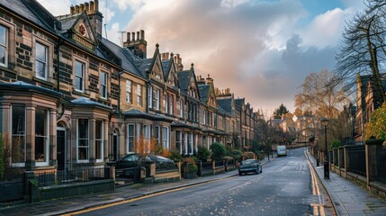 Obraz premium Charming Neighborhood Street with Historic Architecture and Scenic Clouds