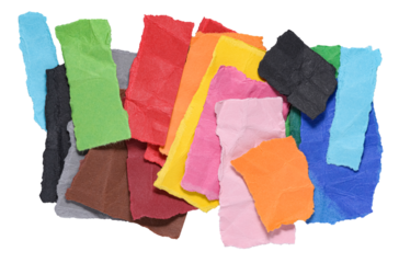 Stack of colorful crumpled wrinkled crushed pieces scraps, stripes or snippets of torn paper, isolated png transparent background design element