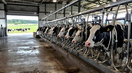 Dairy Cows in Milking Parlor: Holstein cows lined up for automated milking in a modern dairy farm facility.