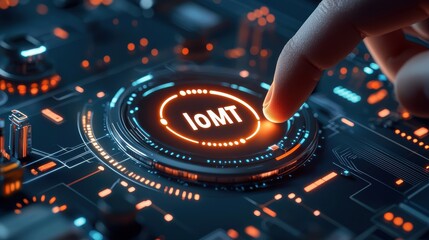 Fototapeta premium IoMT concept. A close-up of a hand touching a digital IoMT (Internet of Medical Things) interface, featuring glowing elements and intricate circuitry.