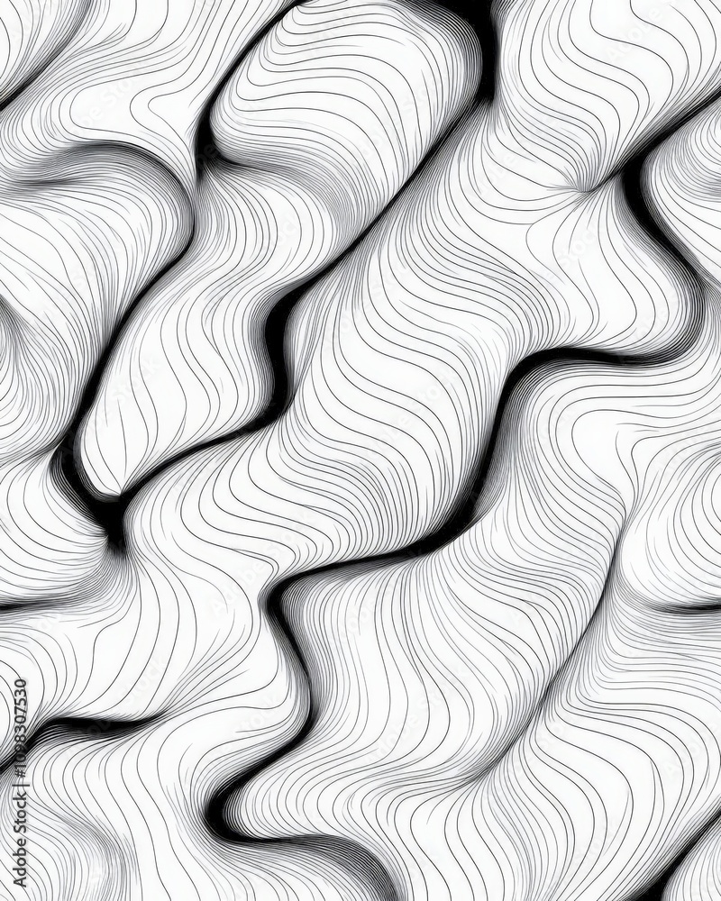 Poster a captivating abstract wave pattern in black and white, featuring smooth curves and intricate lines 