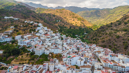 Aerial drone photo of the white village of Tolox in Spain