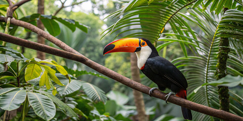 Fototapeta premium toucan with a brightly colored beak sitting against a backdrop of tropical foliage