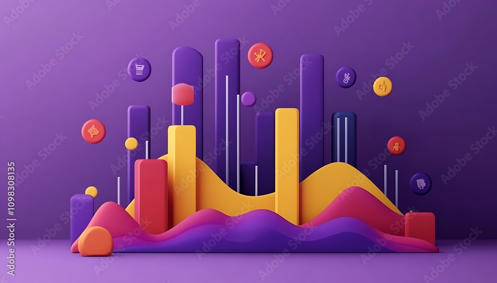 Poster a colorful 3d graph with bars and waves representing data visualization concepts.