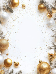 Elegant Snowy Christmas Wreath with Golden Ornaments and Decorations Perfect for Holiday Greetings and Festive Wishes in a Blank Space