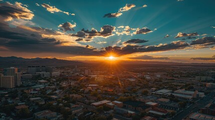 Breathtaking Sunset Over Urban Landscape with Radiating Light