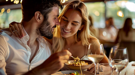 An affectionate couple in a restaurant, with one partner tenderly feeding the other.