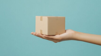 A hand holding a small cardboard box against a light blue background.