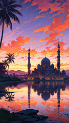 Naklejka premium wallpaper muslim mosque islamic sunset background