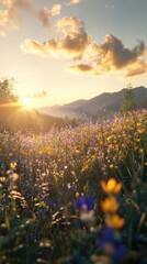 Naklejka premium Wildflower field sunset landscape