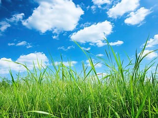 Fototapeta premium tall grass sways gently in a sunlit meadow, with soft white clouds above and a bright blue sky, creating a serene and peaceful ambiance