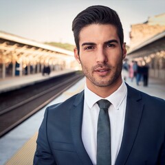 Fototapeta premium handsome man wearing a formal suit, working at the railway stati