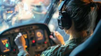 focused pilot wearing headphones operates helicopter cockpit with precision. vibrant controls and instruments create engaging atmosphere