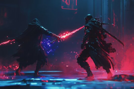Character in a PvP duel with another player with health bars and ability cooldown UI, captured using portrait lens on intense duel lighting, with copy space