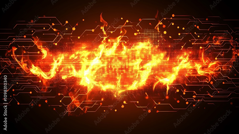 Poster a fiery digital abstract design with circuit-like patterns and glowing elements.