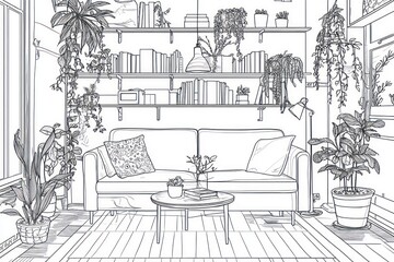 A full background image from an empty coloring book showing Minimalist Interior Design Coloring scenes