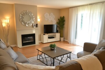 cozy, modern, soft colors living room for couple