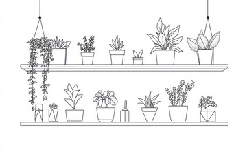 A simple coloring book page in minimalist line art style with no shadows and patterns, bold lines. The illustration shows a wooden wall shelf with plants and greenery, hanging planters on the shelves