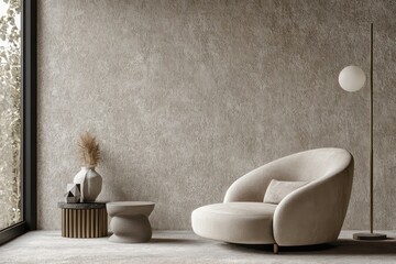 Create a single, cohesive professional product image with a strong focus on a modern, minimalist living space.