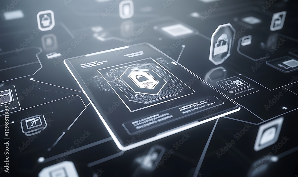 Poster digital interface showcasing cybersecurity concepts and data protection elements.