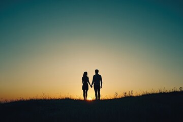 Fototapeta premium Couple silhouetted and holding hands in a romantic place, vacation or honeymoon in the summer at sunset on vacation on a date. Woman, man and relationships in love or together, memory and travel 