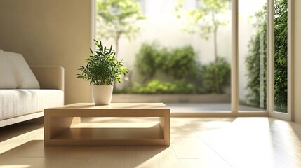 Fototapeta premium Serene Minimalist Living Room with Natural Light and Indoor Plant on Wooden Table