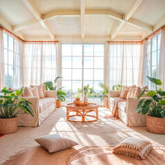 Fototapeta premium Interior of light living room with sofas, rattan table and soft carpet 