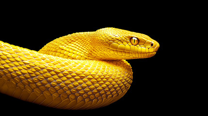 Golden Serpent: A Close-Up of a Vibrant Yellow Snake in Striking Detail. This captivating image showcases the reptile's intricate scales and intense gaze against a stark black background.