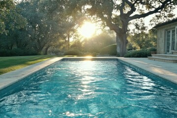 Serene sunset over empty outdoor pool for relaxation and tranquility