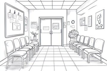 children's coloring page, black and white, pediatric medical clinic waiting room