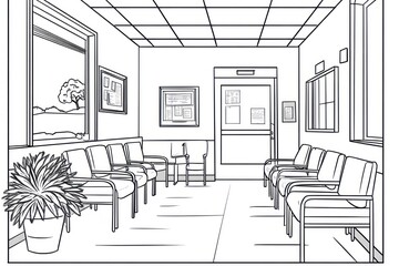 children's coloring page, black and white, pediatric medical clinic waiting room 