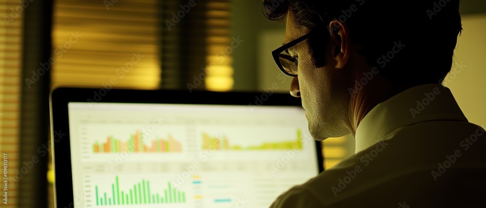 Poster a man analyzing data on a computer screen in a dimly lit environment.