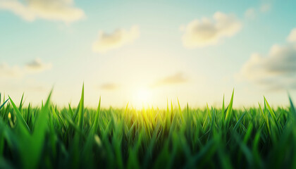Fototapeta premium Sunrise over green grass creating peaceful atmosphere for mindfulness and relaxation.