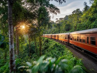 Obraz premium train speeding through a lush forest, with vibrant green foliage and dynamic motion blur, creating a sense of adventure and connection with nature, under a clear, bright sky
