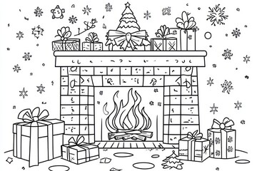 coloring page for child 1-3 years, simple lovely gute design, simple christmas fireplace , presents under the fire, cartoon style