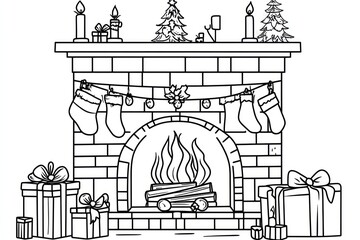 coloring page for child 1-3 years, simple lovely gute design, simple christmas fireplace , presents under the fire, cartoon style