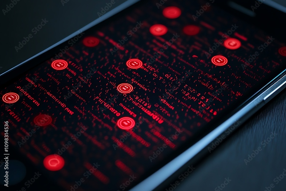 Poster a smartphone screen displaying a dark, abstract interface with red icons and patterns.