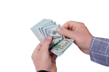 A man counts dollars. Money in hands, isolated on white.