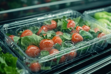 Clear plastic clamshell for fresh produce with condensation droplets, captured using wide-angle lens on bright grocery store lighting, with copy space