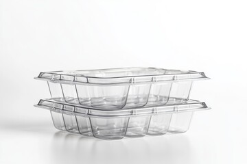 Obraz premium Clear plastic clamshell packaging on white background with crisp edges, captured using standard lens on high-key studio lighting, with copy space