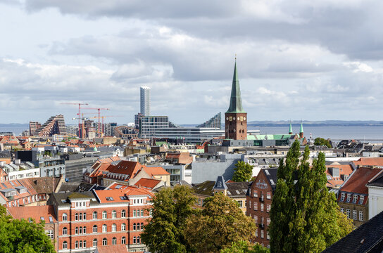 Aarhus, Denmark: Aerial view of the city with Aarhus Cathedral Church and buildings of Aarhus Docklands