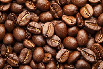 Fototapeta premium Detailed Shot of a Pile of Aromatic Roasted Coffee Beans, Emphasizing Natural Patterns and Warm Tones. Perfect for Cafés, Marketing Campaigns, or Recipe Features