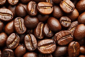 Fototapeta premium Detailed View of Pile of Roasted Coffee Beans, Featuring Natural Gloss and Varied Textures. Perfect for Advertising, Packaging Designs, or Coffee-Themed Websites