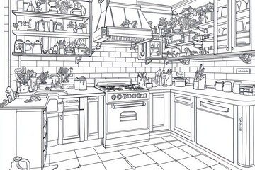 Create a high-quality, cartoon-style line drawing of a kitchen designed for an adult coloring book. The kitchen should feature various elements like a stove, refrigerator, countertops