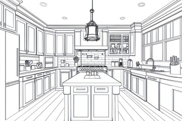 Create a high-quality, cartoon-style line drawing of a kitchen designed for an adult coloring book. The kitchen should feature various elements like a stove, refrigerator, countertops