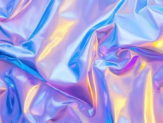 Obraz premium trendy abstract background featuring holographic blue foil with a wavy texture in soft pastel tones of violet, blue, and yellow, creating a vibrant and dynamic visual effect